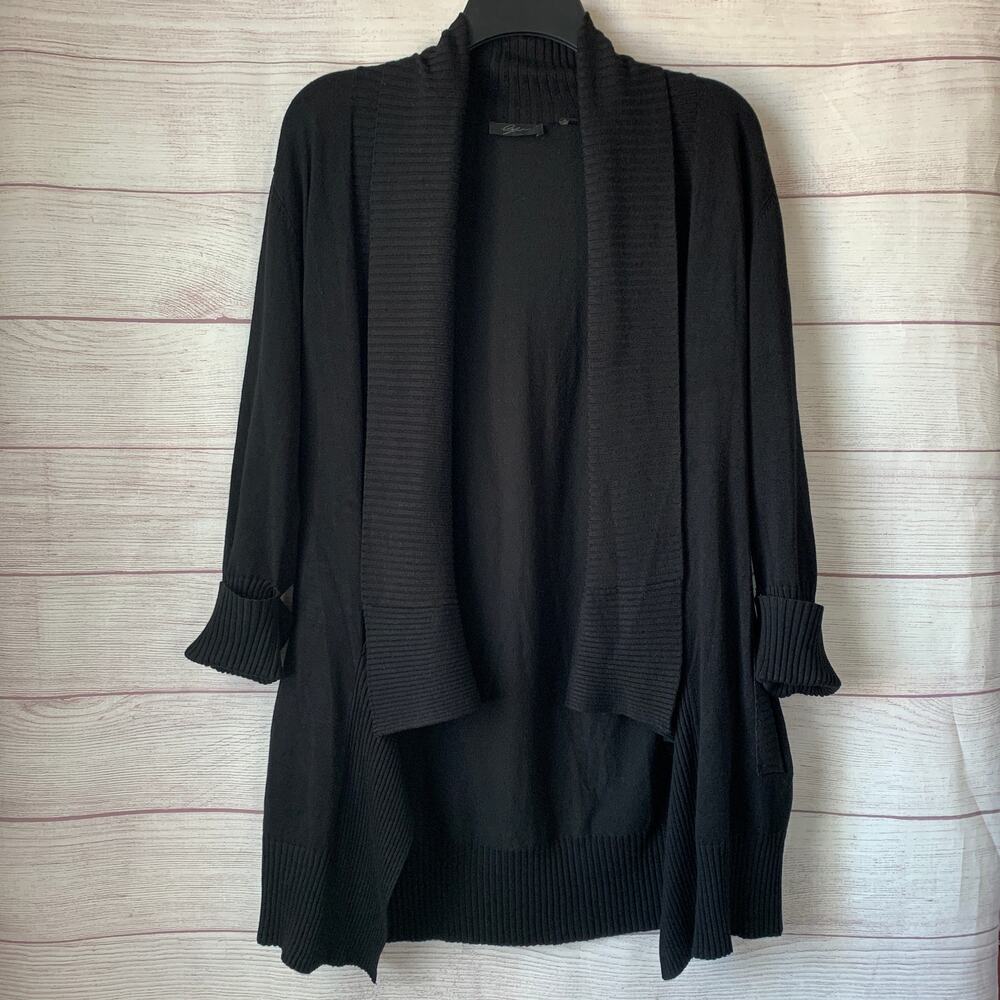 LYN Black Open Front Cardigan Ribbed Detail Cuffed Sleeves Pockets Size M